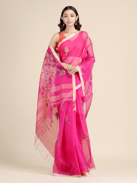 

Mitera Magenta & Blue Floral Woven Design Pure Silk Heavy Work Jamdani Saree