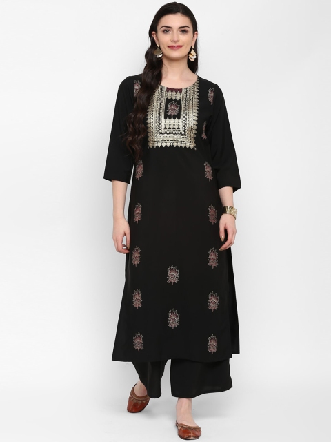

ZIYAA Women Black Ethnic Motifs Yoke Design Crepe A-Line Kurta