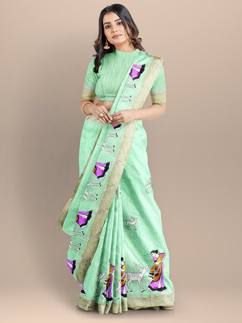 

BharatSthali Sea Green & Purple Zari Silk Cotton Mangalagiri Saree