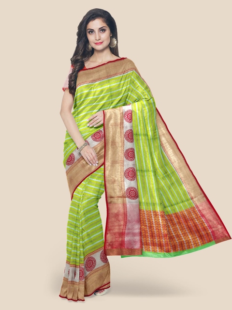 

Kalamandir Green & Assorted Striped Zari Silk Blend Banarasi Saree