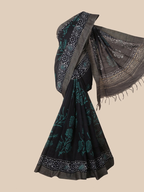 

Pothys Navy Blue & Green Batik Jute Cotton Saree