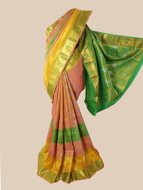 

Pothys Peach & Green Woven Design Pure Silk Saree