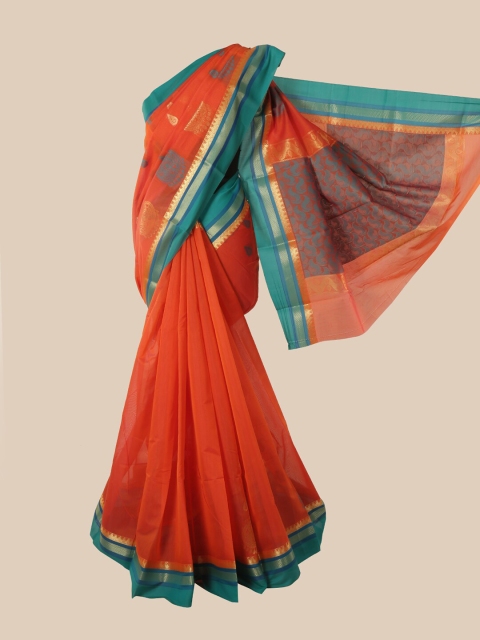 

Pothys Orange & Green Floral Zari Silk Cotton Saree