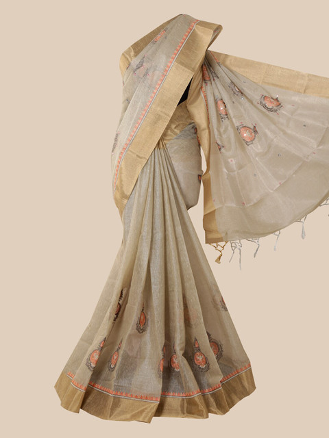 

Pothys Grey & Peach-Coloured Ethnic Motifs Zari Tissue Saree