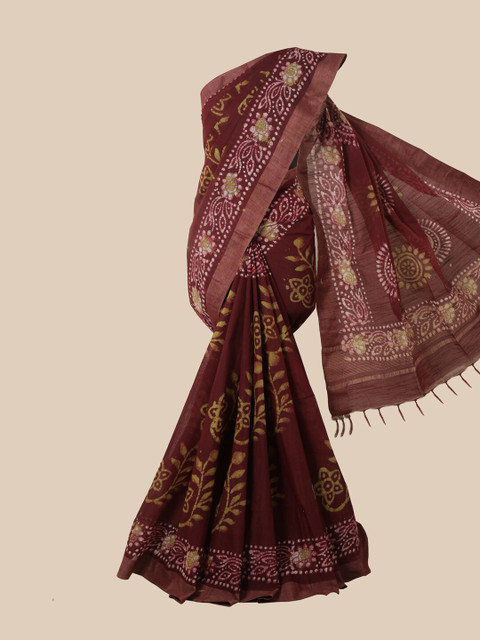 

Pothys Maroon & Off White Batik Jute Cotton Saree