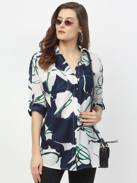 

Rigo Navy Blue & Off-White Printed Shirt Style Longline Pure Cotton Top