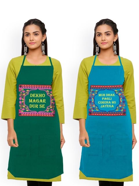 

Voylla Women Pack Of 2 Blue & Green Quirky Truck Art Printed Cotton Canvas Aprons