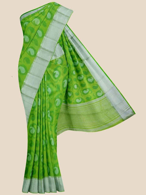 

Kalamandir Green & Silver-Coloured Paisley Zari Silk Blend Banarasi Saree