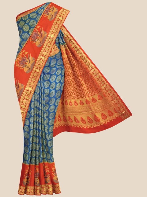 

Kalamandir Blue & Red Woven Design Zari Silk Blend Kanjeevaram Saree