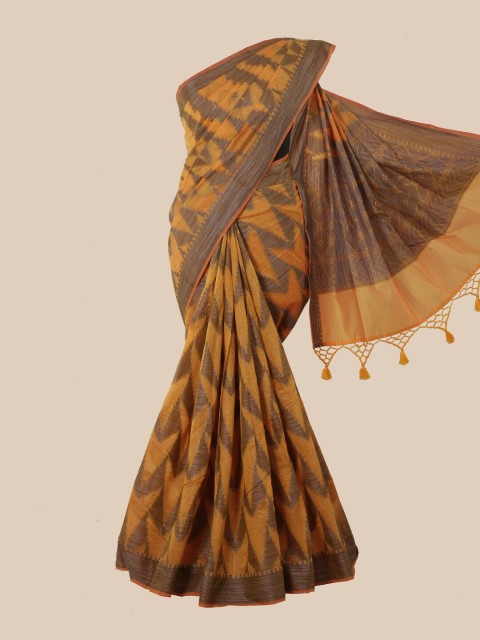 

Pothys Yellow & Black Ethnic Motifs Cotton Blend Saree With Tasseled Pallu