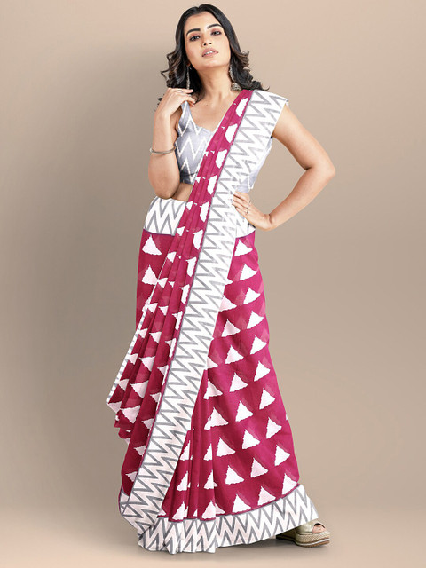 

BharatSthali Magenta & White Pure Cotton Block Print Saree