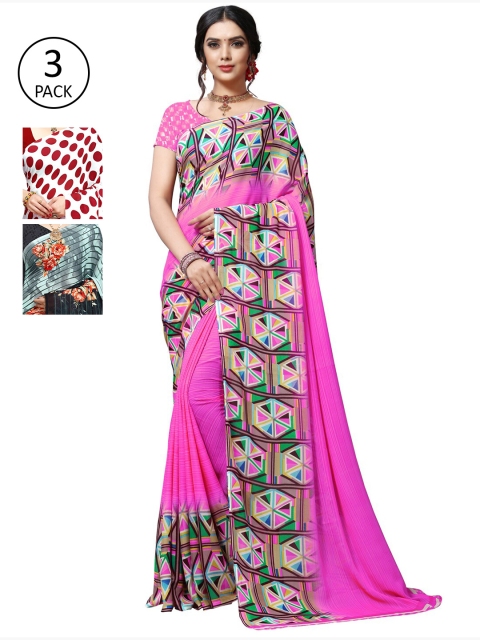 

KALINI Pack of 3 Printed Poly Georgette Sarees, Multi