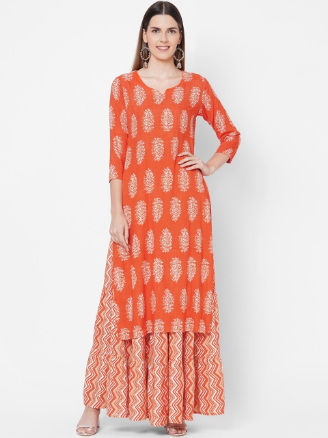 

FASHOR Women Orange Ethnic Motifs Printed Kurta with Skirt