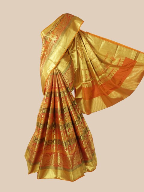

Pothys Orange & Gold-Toned Floral Zari Pure Silk Saree
