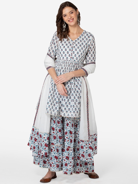 

TARA-C-TARA White & Blue Floral Printed Pure Cotton Kurta with Sharara & With Dupatta