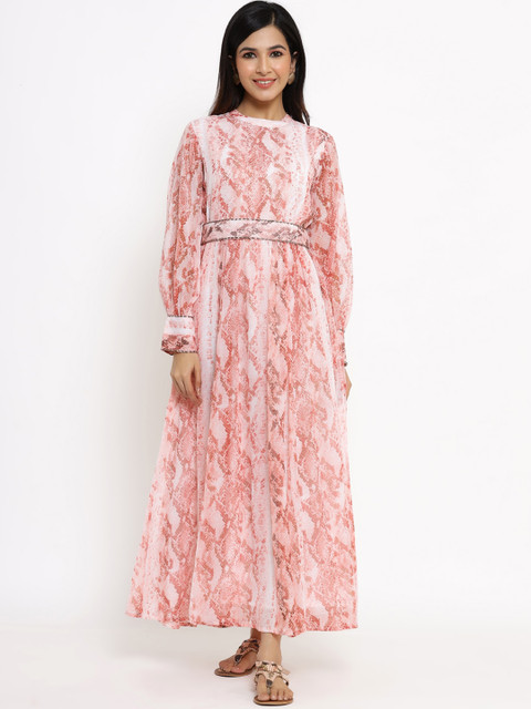 

Juniper Peach-Coloured Abstract Printed Chiffon Maxi Dress With Belt