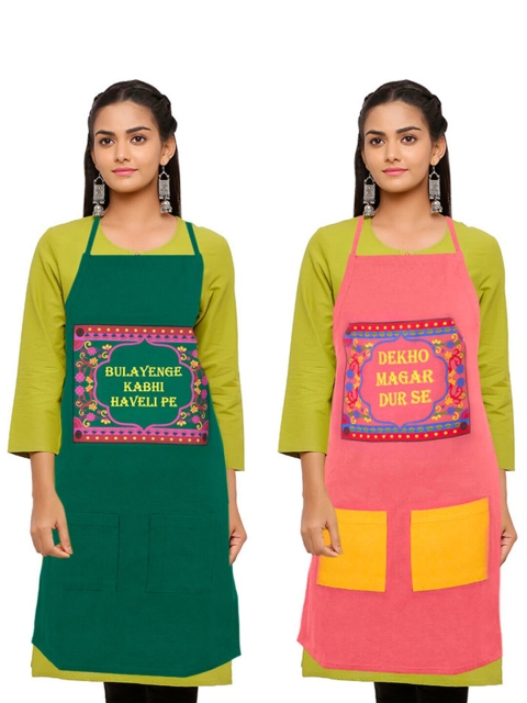

Voylla Women Set Of 2 Truck Art Printed Washable Aprons, Green