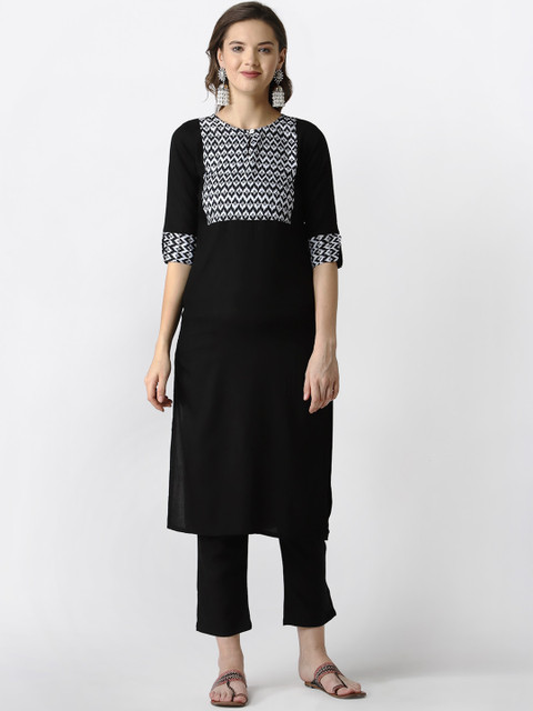 

SANISA Women Black Geometric Yoke Design Handloom Kurta