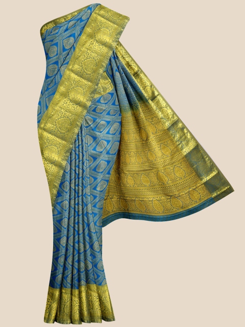 

Kalamandir Blue & Gold Woven Design Silk Blend Kanjeevaram Saree