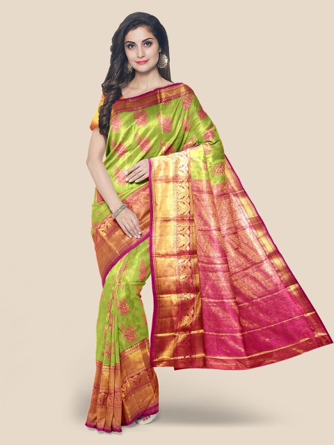 

Kalamandir Green & Pink Gold-Toned Ethnic Motifs Silk Blend Kanjeevaram Saree