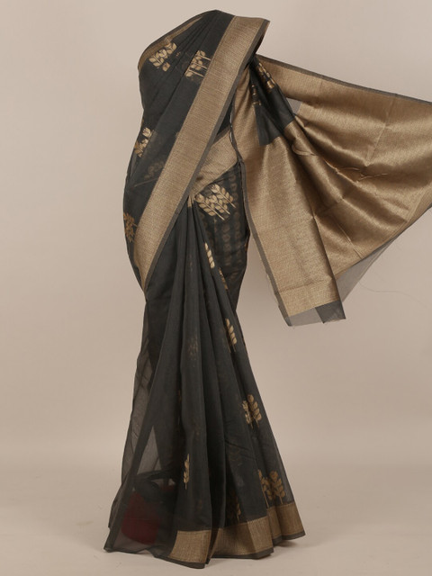 

Pothys Charcoal & Gold-Toned Floral Zari Saree