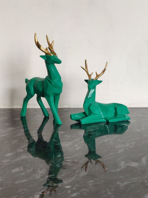 

Wonderland Set Of 2 Green & Gold-Toned Deer Standing & Sitting Resin Showpieces