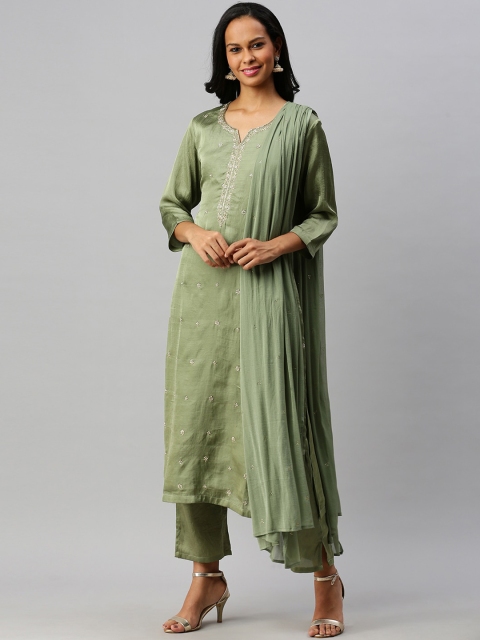 

Soch Women Green Ethnic Motifs Embroidered Kurta with Trousers & Dupatta