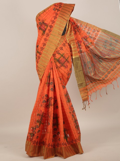 

Pothys Orange & Green Ethnic Motifs Zari Cotton Blend Saree