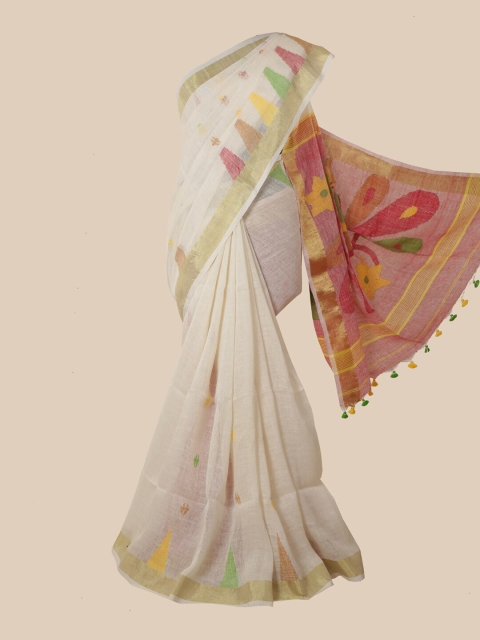 

Pothys Off White & Pink Floral Zari Linen Blend Saree