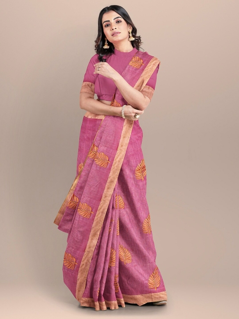 

BharatSthali Pink & Golden Floral Zari Silk Cotton Maheshwari Saree
