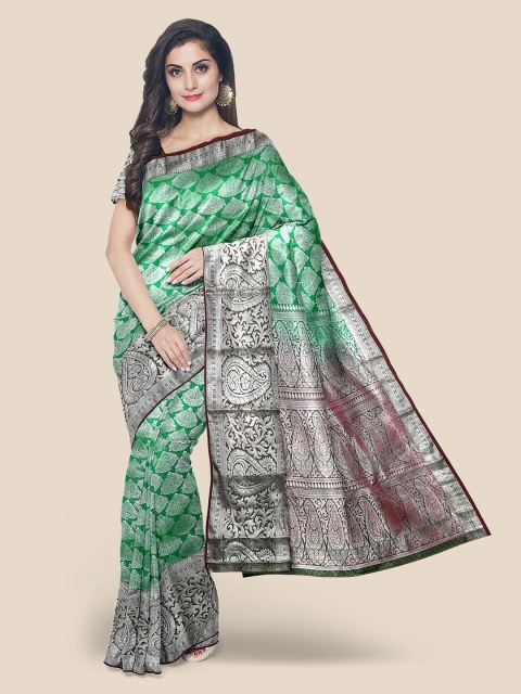 

Kalamandir Green & Silver-Toned Ethnic Motifs Silk Blend Kanjeevaram Saree