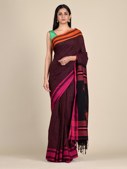 

Mitera Women Black & Orange Pure Cotton Geometric Woven Design saree