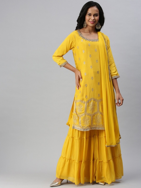 

Soch Women Yellow Ethnic Motifs Embroidered Beads and Stones Kurta with Sharara & Dupatta