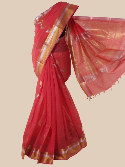 

Pothys Pink & Gold-Toned Floral Zari Silk Cotton Saree