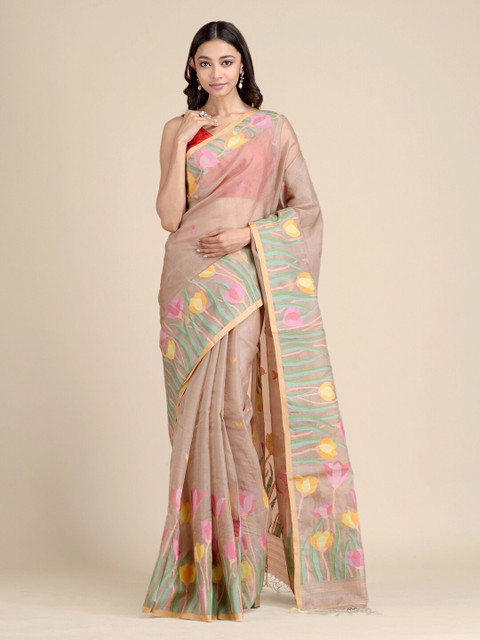 

Mitera Women Beige Pure Silk Printed Hand woven Jamdani Saree