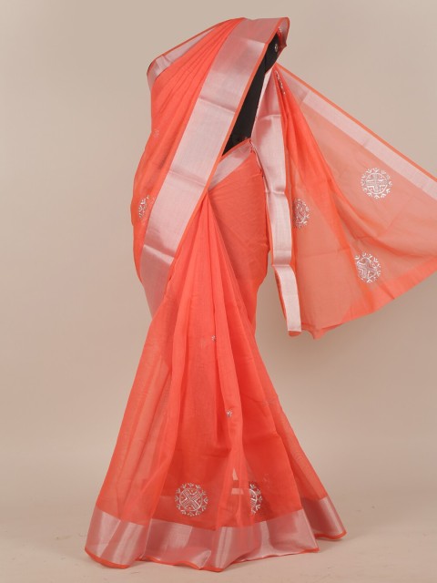 

Pothys Orange & Silver-Toned Floral Zari Saree