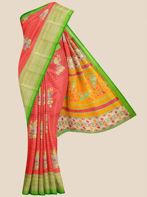 

Kalamandir Red & Green Ethnic Motifs Zari Silk Blend Saree