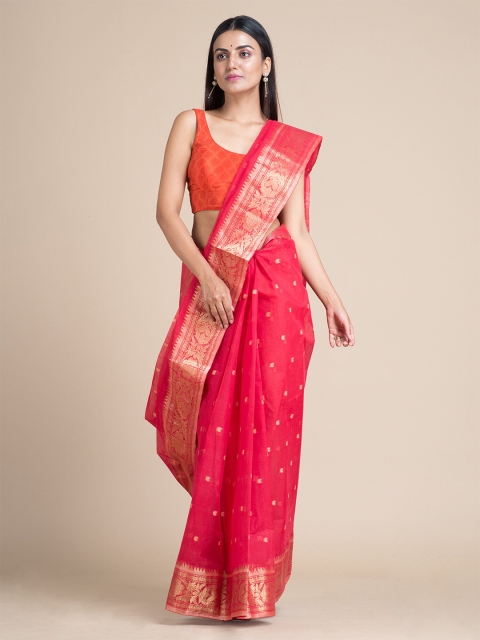 

Mitera Red & Gold Hand Woven Pure Cotton Taant Saree