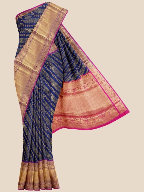 

Kalamandir Navy Blue & Purple Ethnic Motifs Zari Silk Blend Banarasi Saree