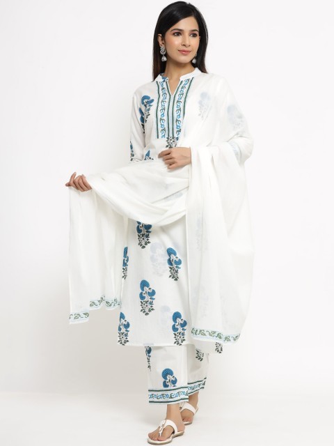 

Aprique FAB Women White Floral Printed Pure Cotton Kurti with Palazzos & Dupatta
