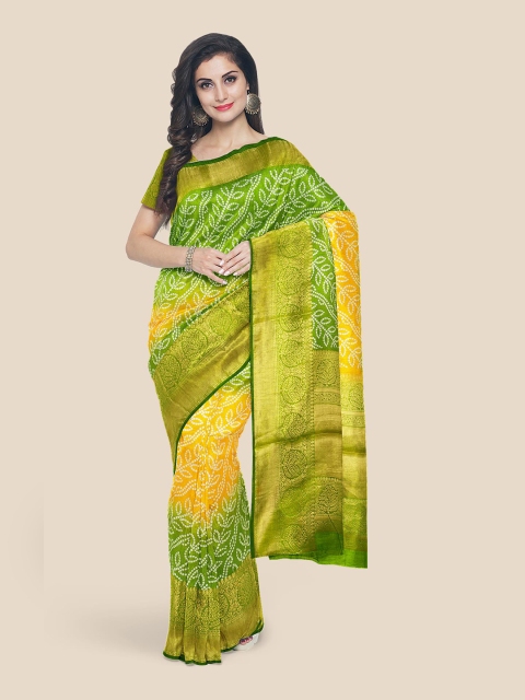 

Kalamandir Yellow & Green Bandhani Zari Silk Blend Banarasi Saree