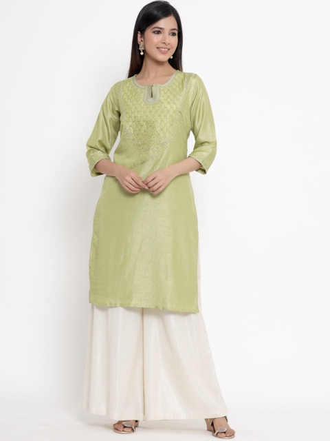 

Juniper Women Olive Green Embroidered Keyhole Neck Kurta