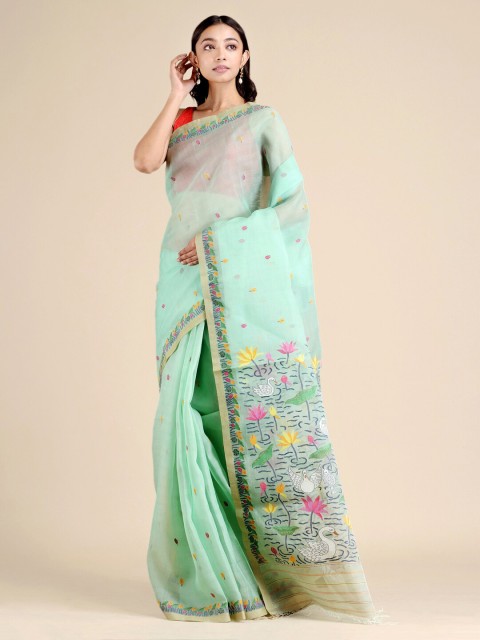 

Mitera Sea Women Green & Yellow Floral Pure Silk Jamdani Saree, Sea green