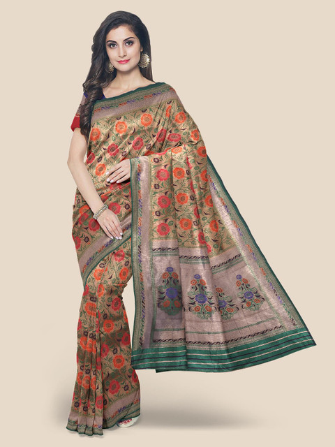 

KLM Fashion Mall Beige & Orange Floral Tissue Banarasi Saree