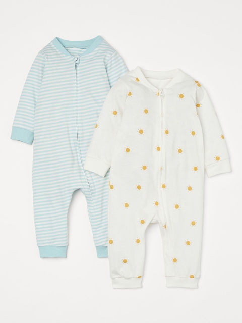 

H&M Girls Pack of 2 Printed Cotton Zip-Up Rompers, White