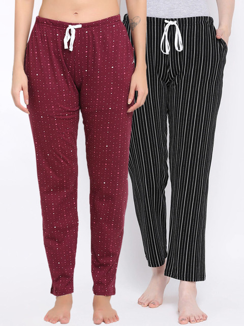 

Kanvin Women Pack Of 2 Pure Cotton Lounge Pants, Maroon
