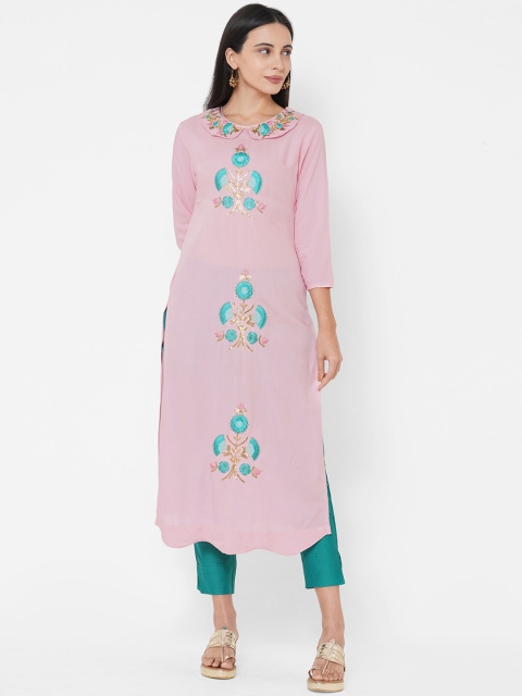 

FASHOR Women Pink Cowl Neck Thread Work Kurta