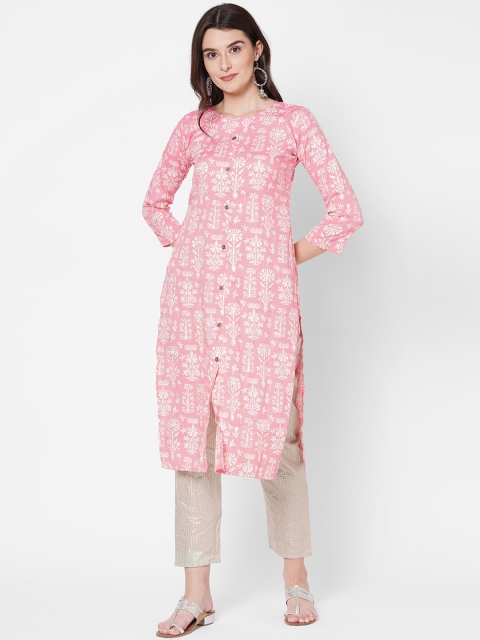 

FASHOR Women Pink & White Ethnic Motifs Printed Pastels Straight Kurta