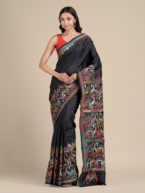 

Mitera Black Ethnic Motifs Kantha Work Pure Silk Handloom Saree