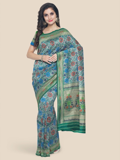 

KLM Fashion Mall Blue & Green Floral Zari Tissue Banarasi Saree